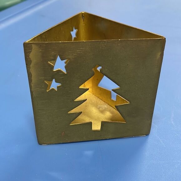 Vintage brass triangular Candle or other decor holder w/Christmas tree & stars - Picture 2 of 6